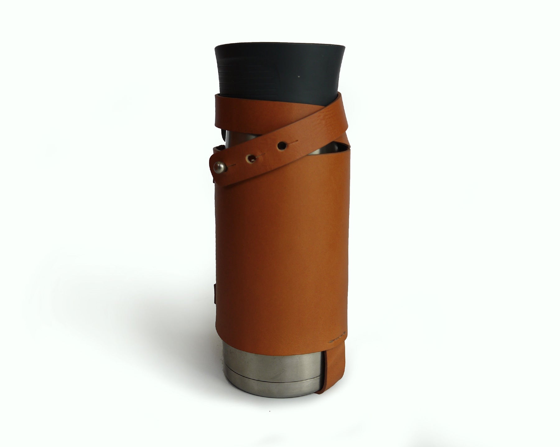 Basader Bottle Holder in English Tan full grain leather with a coffee thermos